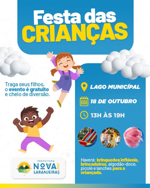 Festa das Crianças no Lago Municipal promete um dia de muita diversão em Nova Laranjeiras